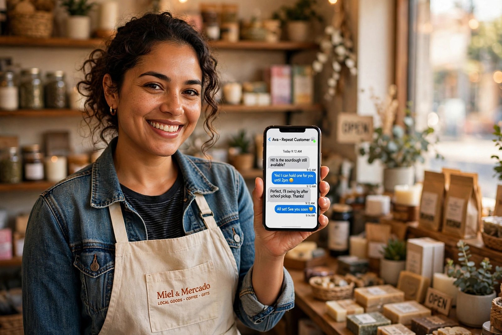 Dueña de negocio atendiendo a sus clientes desde su teléfono